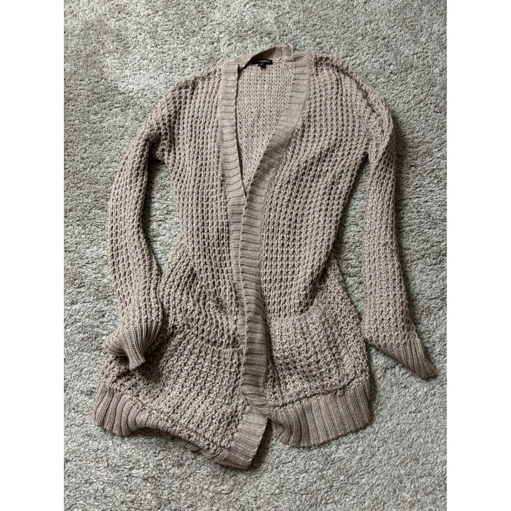Express Womens Tan Beige Waffle Knit Open Front Cardigan Sweater Pockets Small